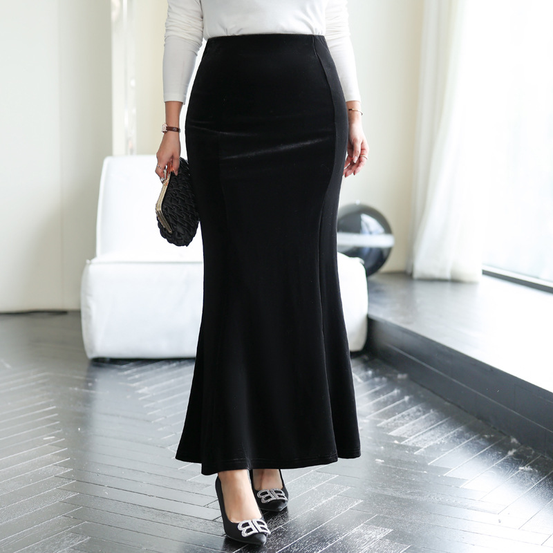 L 8XL Plus Size Velvet Fishtail Pencil Midi Skirt EXTRA BIG SIZE