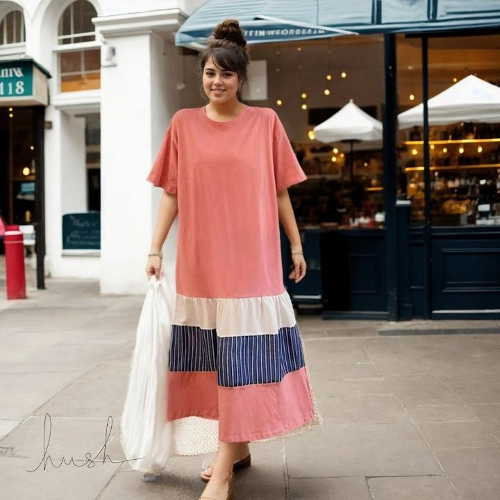 Plus Size Stripes Layer Midi Dress Pluspreorder