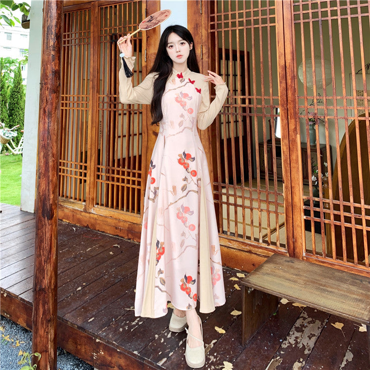 Plus Size Floral Modern Long Sleeve Dress Cheongsam Qipao