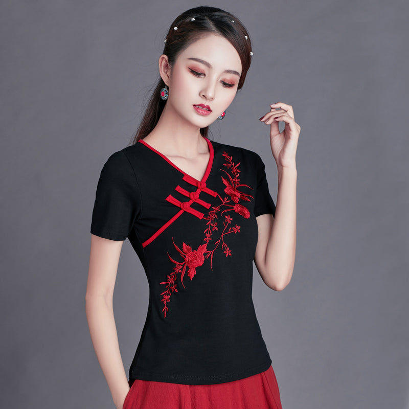 Plus Size V Neck Embroidery Chinese Qipao Top