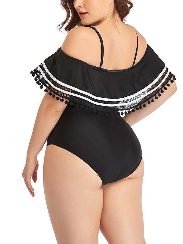 Plus Size Black Tassel Off Shoulder One Piece Swimsuit