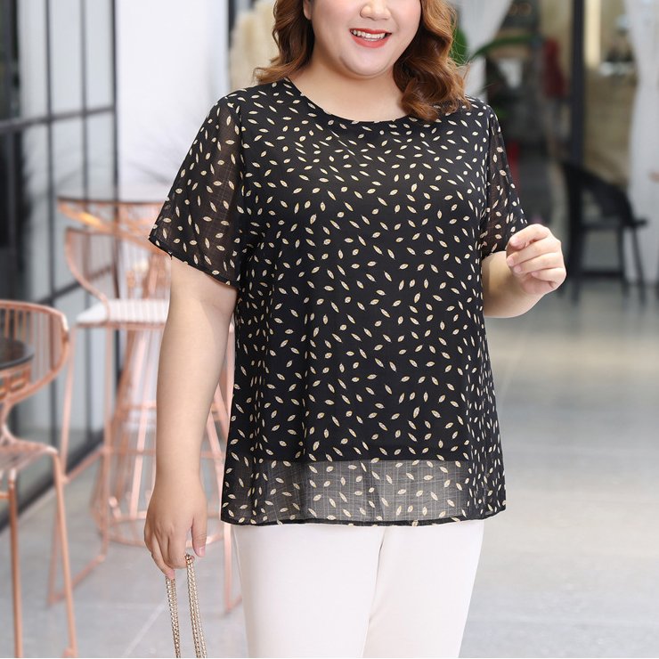 Plus Size Leafs Chiffon Short Sleeve Blouse (EXTRA BIG SIZE