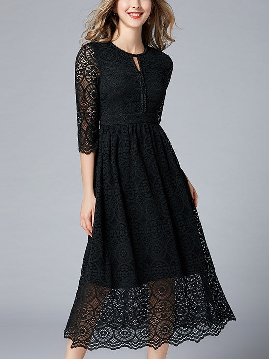 Mica Black Keyhole Midi Lace Dress