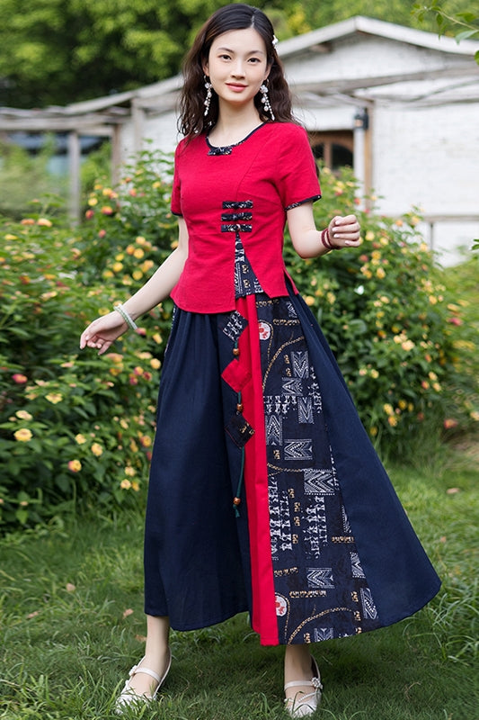 Plus Size Ethnic Cheongsam Blouse And Matching Skirt Set Pluspreorder