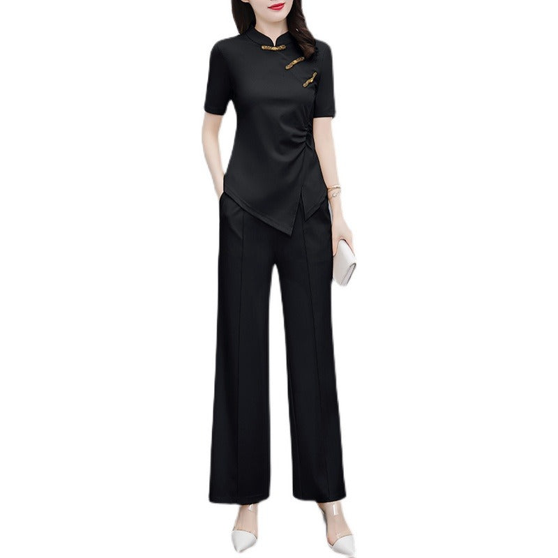 Plus size minimalist cheongsam blouse and trouser pants set - Black / M