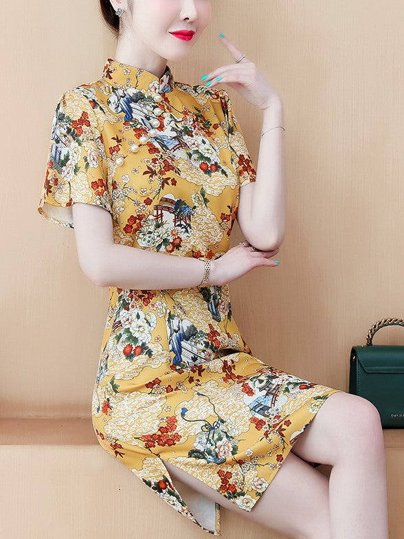 Plus Size Japanese Yellow Cheongsam Dress