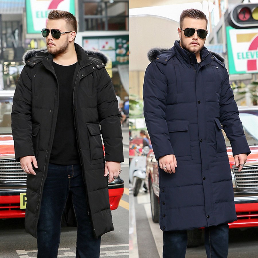 Winter Fur Hooded Down Coats Knee Length Men's Korean Long Puffer Parkas  Jackets
