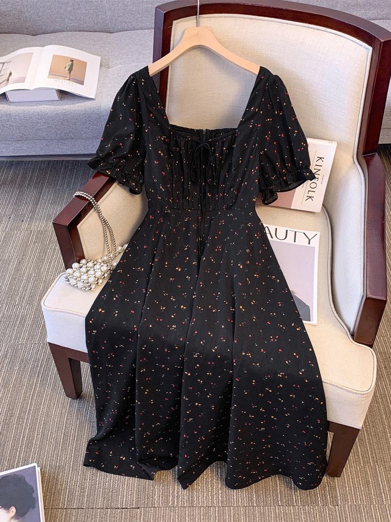 (2XL-6XL) Plus Size Black Ditsy Floral Square Neck Dress (EXTRA BIG SIZE)