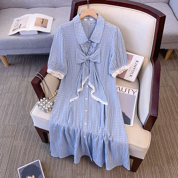 (2XL-6XL) Plus Size Blue Gingham Cute Shirt Dress (EXTRA BIG SIZE)