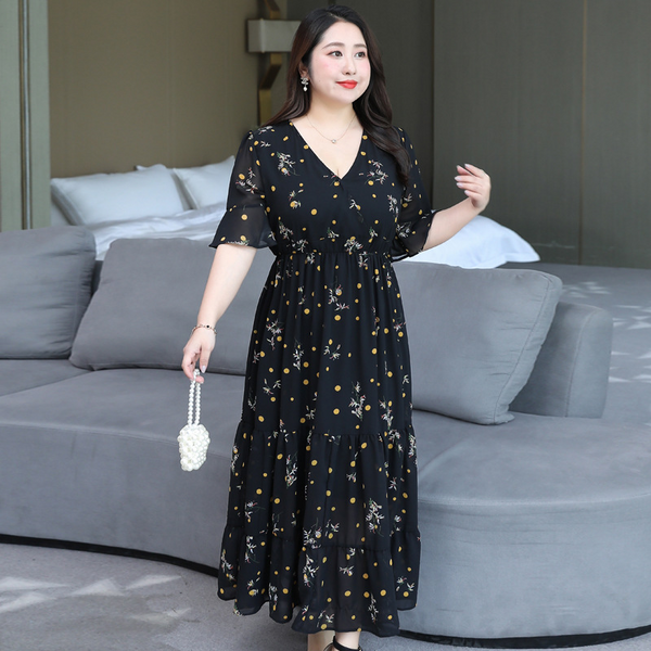 (4XL-8XL) Plus Size Bell Sleeve Floral Midi Dress (EXTRA BIG SIZE)