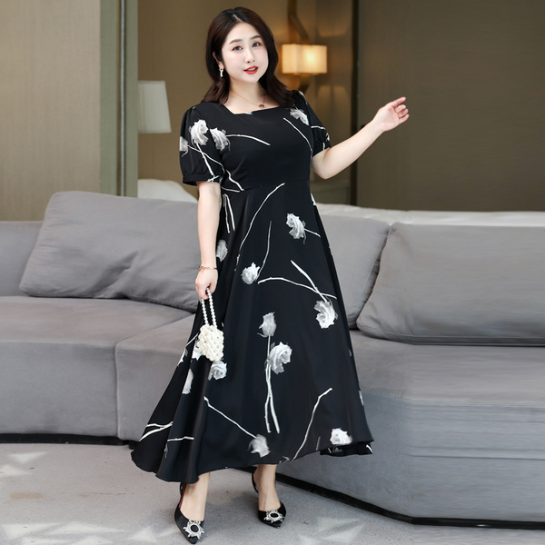 (4XL-8XL) Plus Size Black Floral Square Neck Midi Dress (EXTRA BIG SIZE)