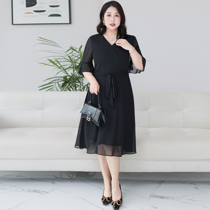 (4XL-8XL) Plus Size Black Wrap Chiffon Dress (EXTRA BIG SIZE)