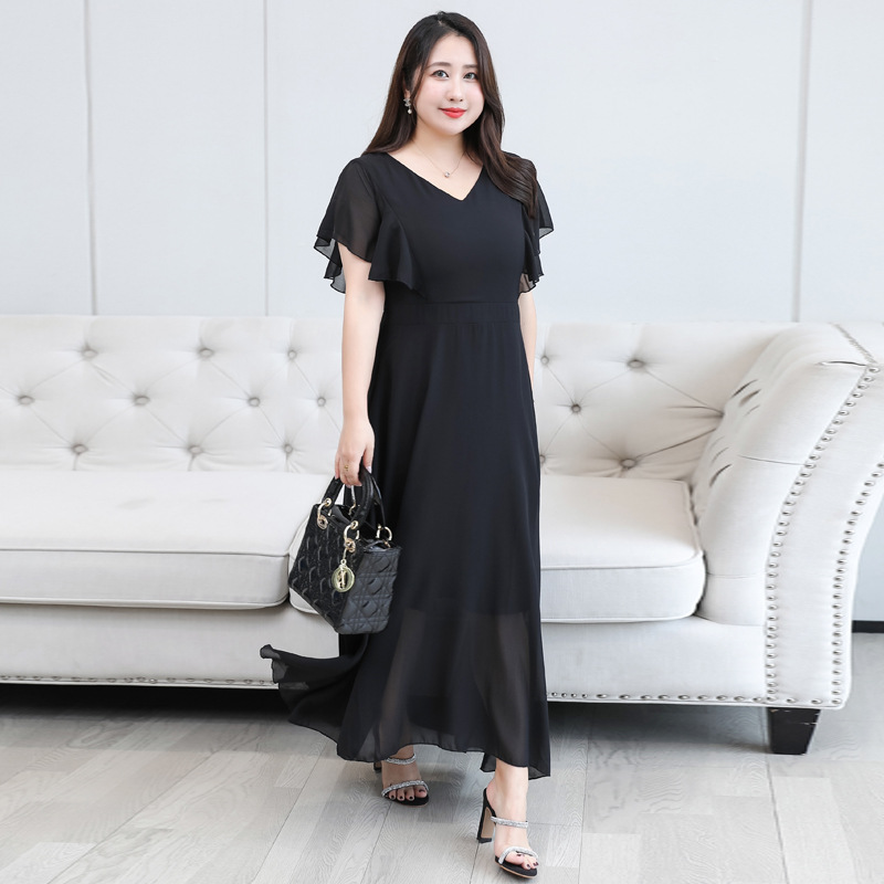 (4XL-8XL) Plus Size Flutter Sleeve Chiffon Black Midi Dress (EXTRA BIG SIZE)