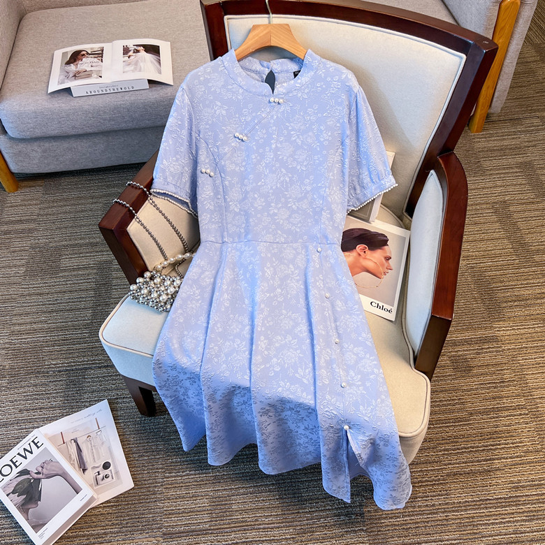 (4XL-8XL) Plus Size Light Blue Cheongsam Dress (EXTRA BIG SIZE)