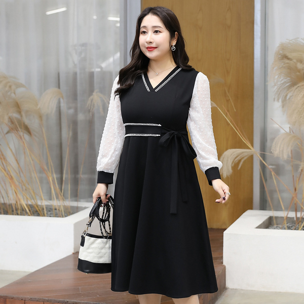 (4XL-8XL) Plus Size V Neck Long Sleeve Swing Dress (EXTRA BIG SIZE)