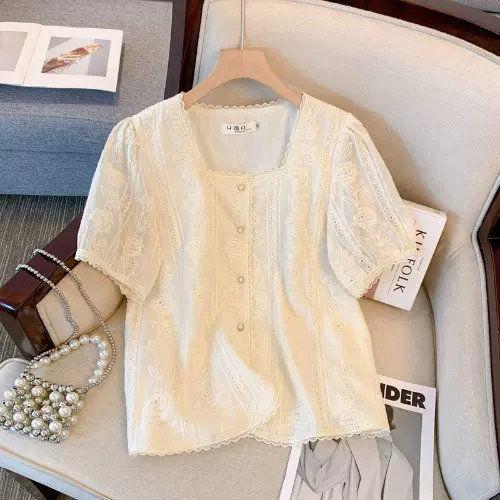 (L-4XL) Plus Size Square Neck Lace Button Down Blouse