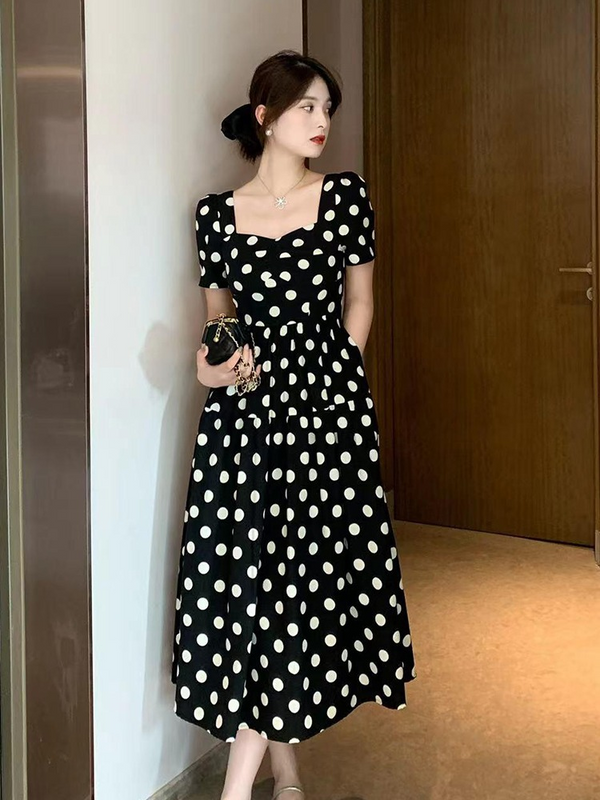 (L-5XL) Plus Size Retro Black Polka Dots Dress