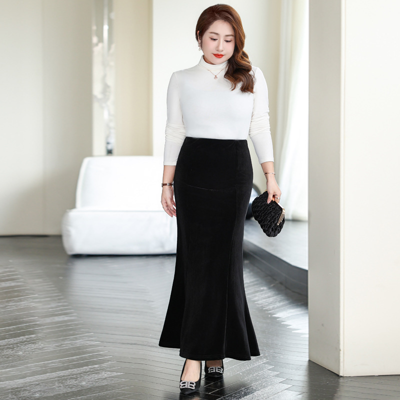 (L-8XL) Plus Size Velvet Fishtail Pencil Midi Skirt (EXTRA BIG SIZE)