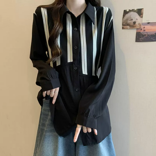 (M-4XL) Plus Size Korean Stripe Tunic Long Sleeve Shirt