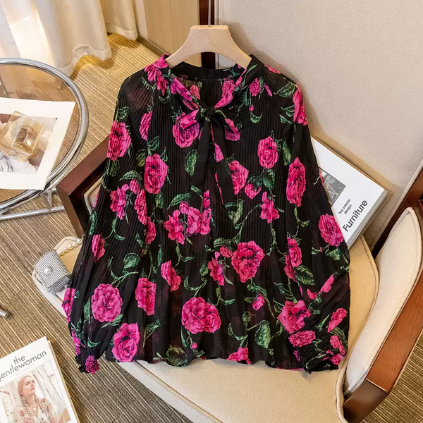 (M-4XL) Plus Size Pink Black Floral Pussybow Long Sleeve Shirt