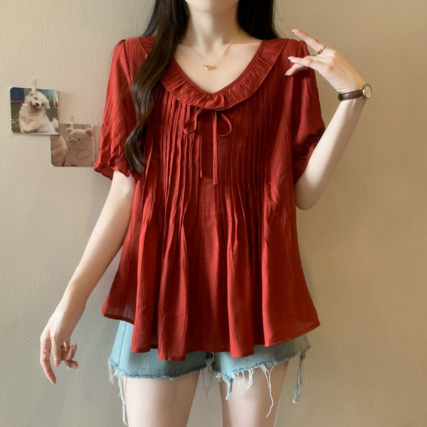 (M-4XL) Plus Size Ribbon Pleat Loose Short Sleeve Top