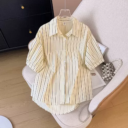 (M-4XL) Plus Size Vertical Stripes Longer Back Korean Shirt Blouse