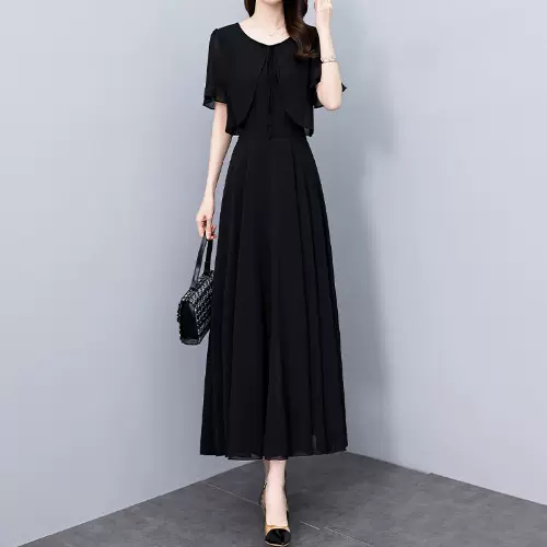 (M-5XL) Plus Size Mock 2 Piece Black Chiffon Dress