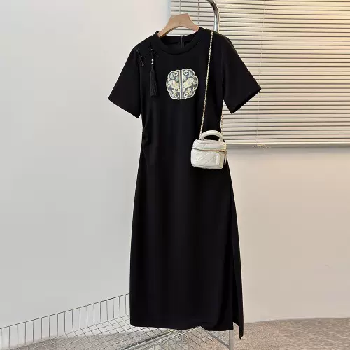 Plus Size Black Cheongsam Modern Short Sleeve Dress