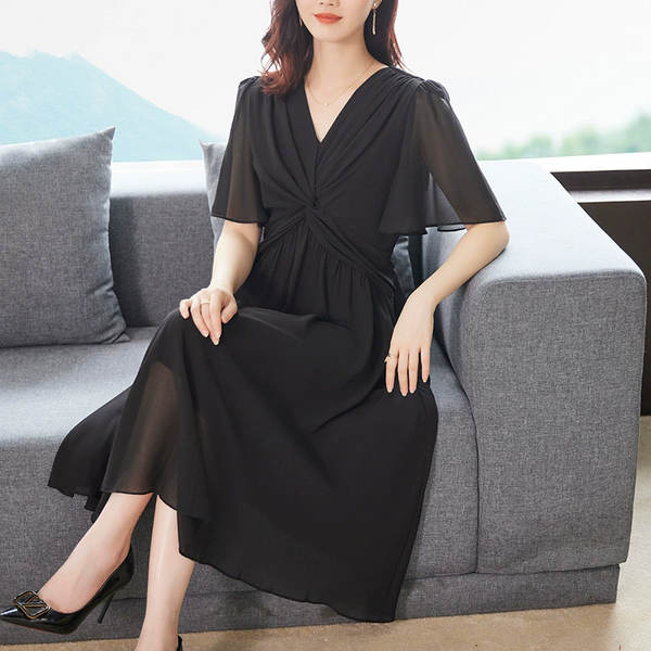 Plus Size Black Chiffon Drape Dress