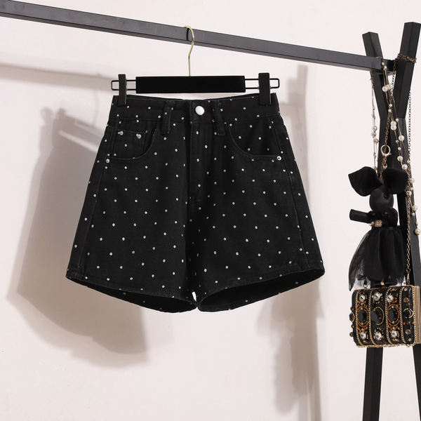 Plus Size Black Polka Dots Denim Shorts