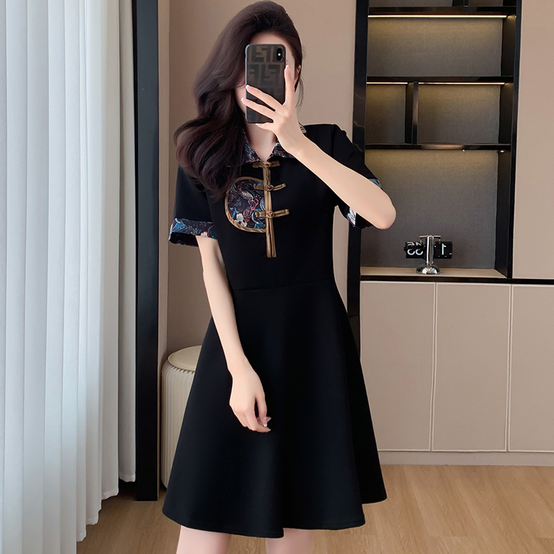 Plus Size Black Shirt Qipao Dress