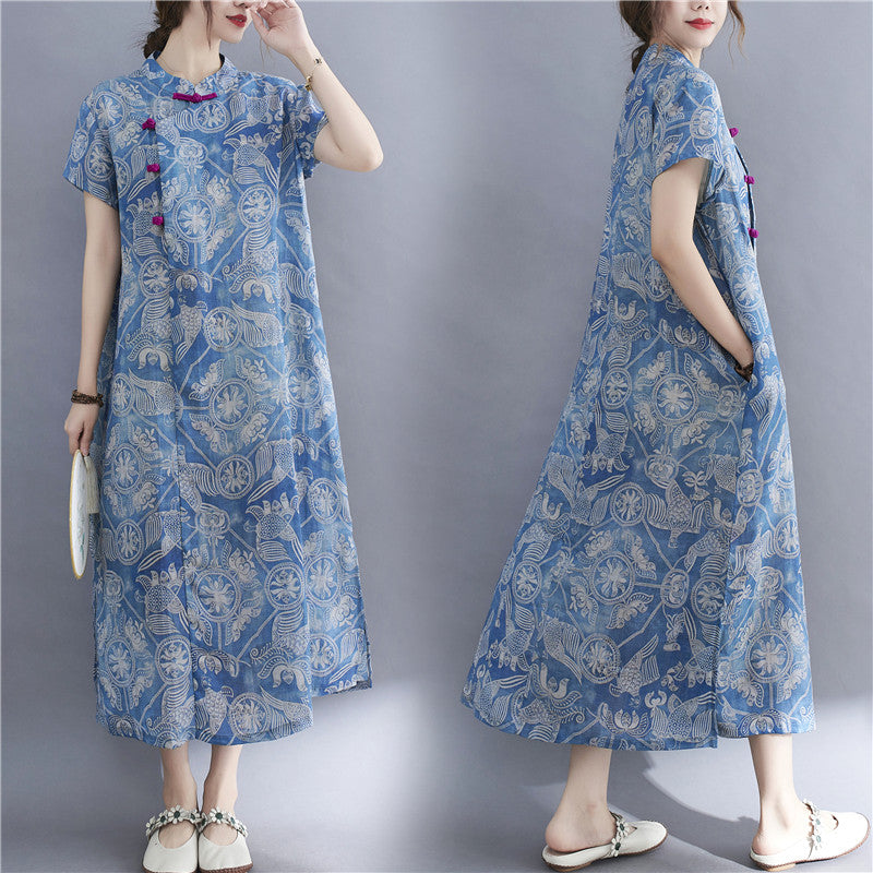 READY STOCK 2XL - Plus Size Blue Cheongsam Dress with Pockets