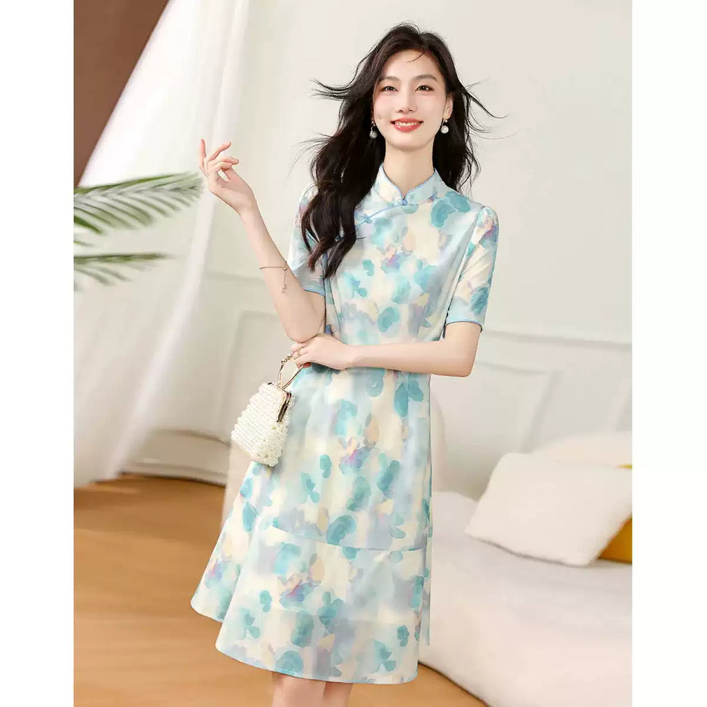 Plus Size Blue Watercolour Qipao Dress (EXTRA BIG SIZE)