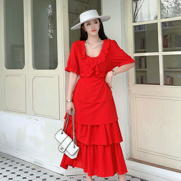 Plus Size Bright Red Frill Dress (EXTRA BIG SIZE)