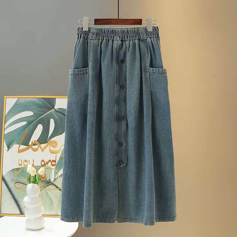 Plus Size Buttons Pocket A-Line Denim Skirt