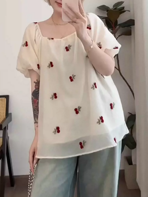 Plus Size Cherry Embroidery Loose Blouse