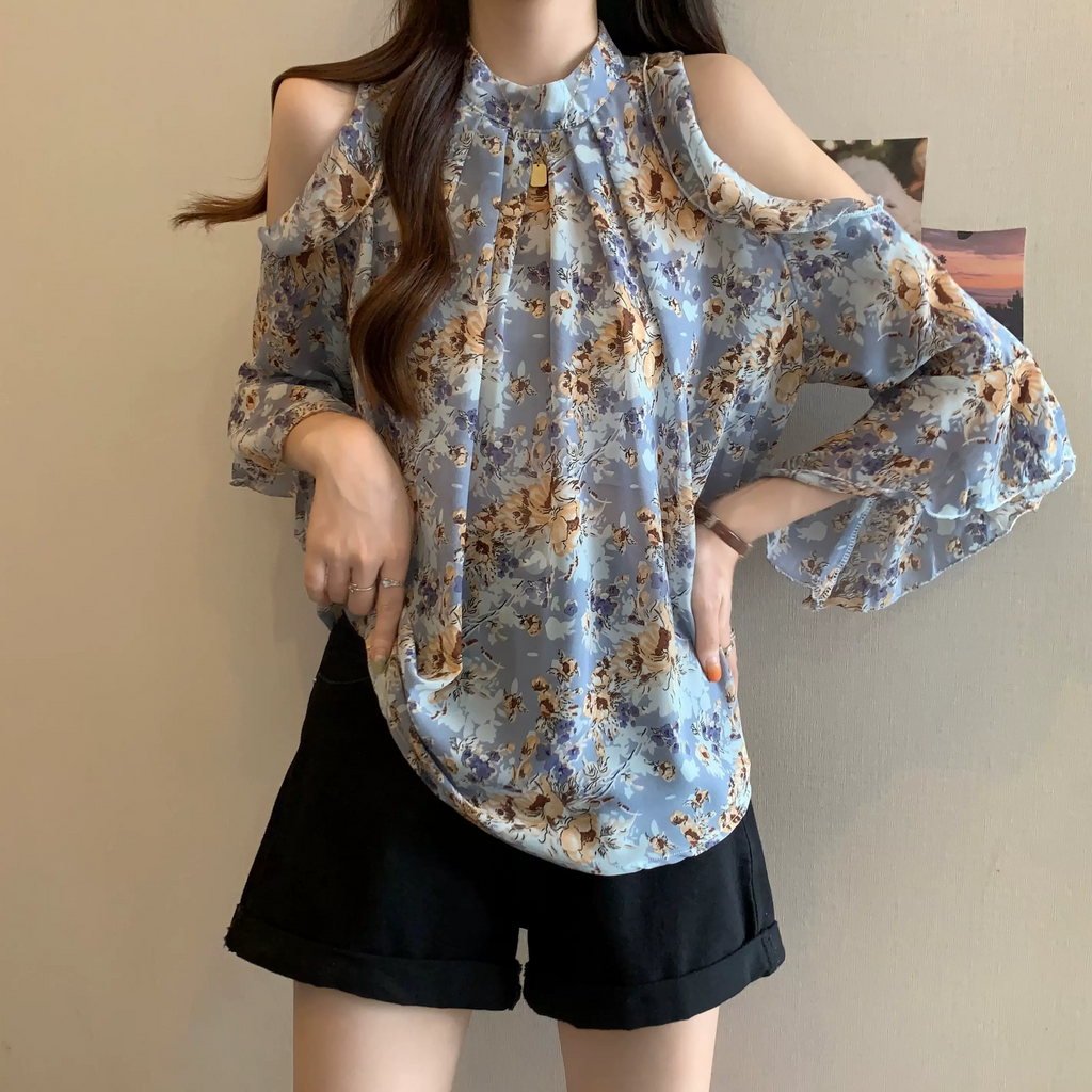 Plus Size Chiffon Floral Cold Shoulder Blouse