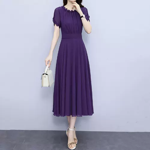 Plus Size Chiffon Scallop Short Sleeve Midi Dress