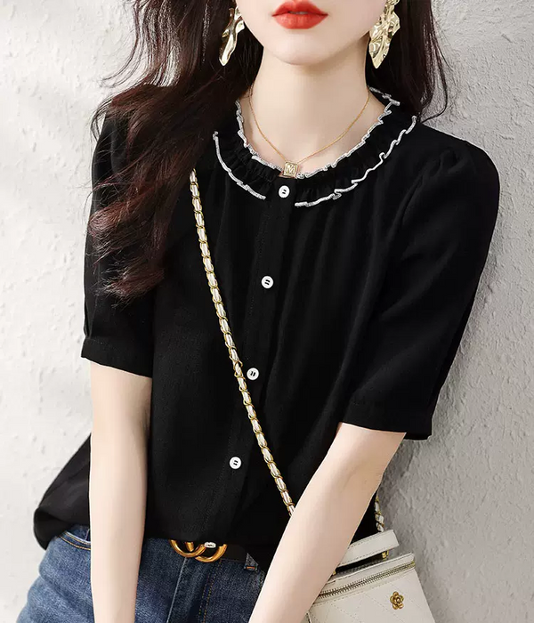 Plus Size Chiffon Short Sleeve Button Blouse