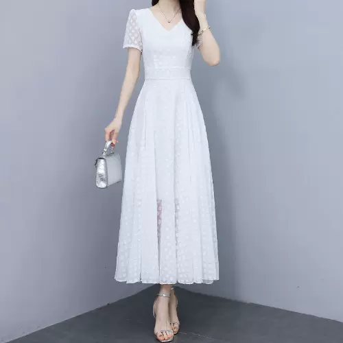 Plus Size Chiffon V Neck White Long Dress