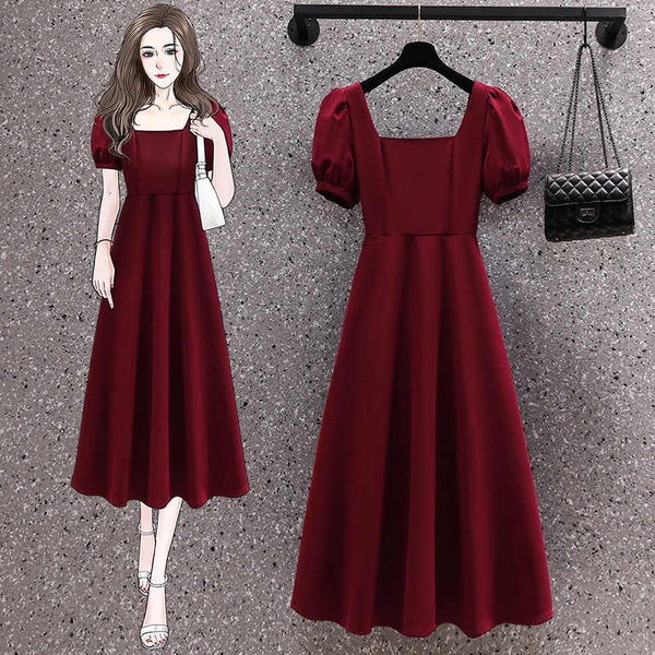 Plus Size Square Neck Maroon Red A Line Dress