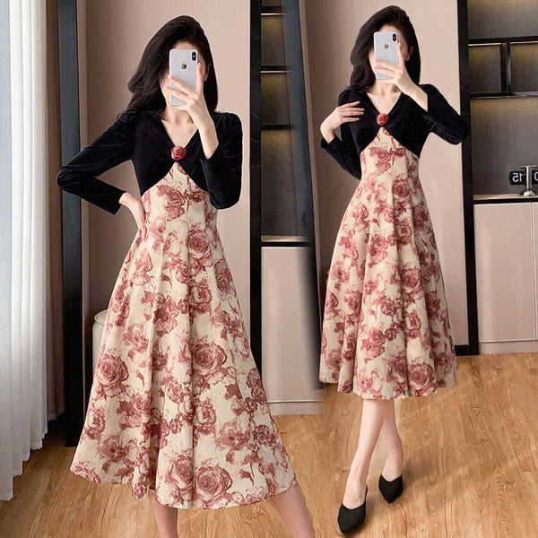 Plus Size Velvet Vintage Long Sleeve Dress