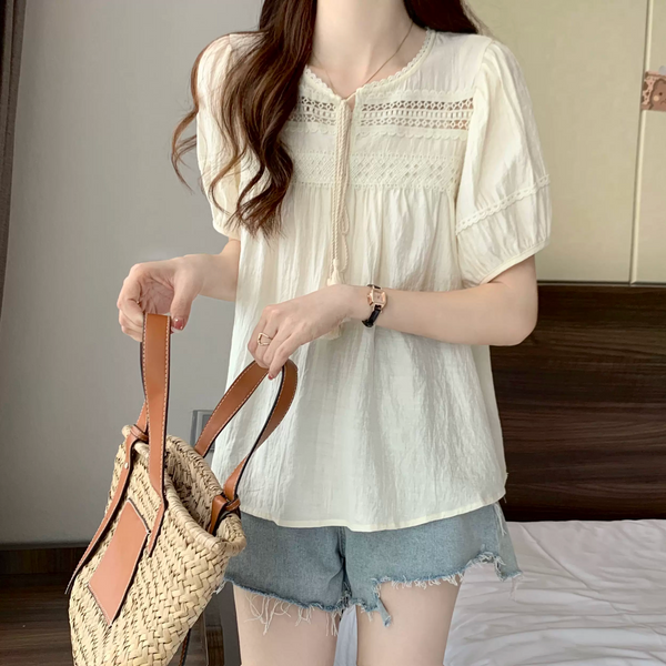 Plus Size Cream Babydoll Boho Short Sleeve Blouse