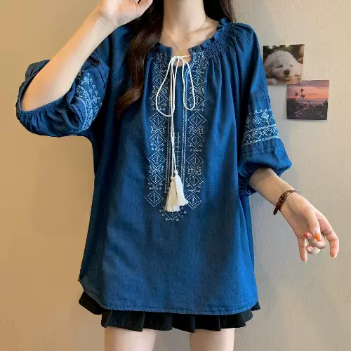 Plus Size Denim Embroidered Bohemian 3/4 Sleeve Blouse