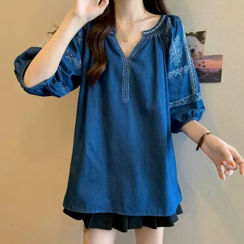 Plus Size Denim Notch Neck Embroidered Bohemian Blouse