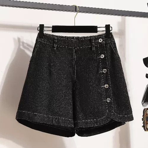 Plus Size Denim Side Buttons Black Shorts