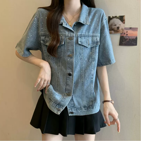 Plus Size Embellished Short Sleeve Denim Jacket