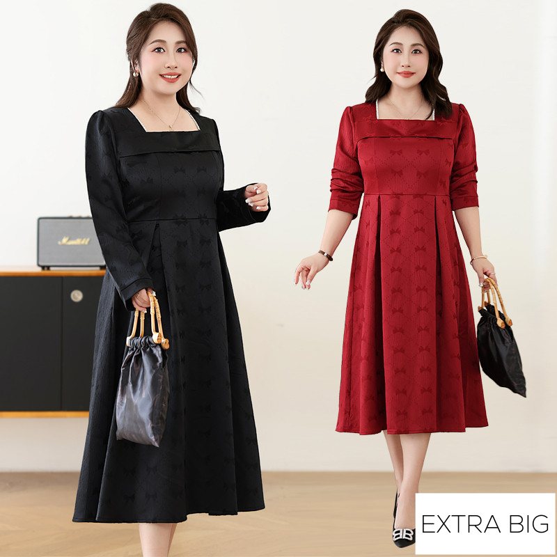 (4XL-8XL) Plus Size Korean Square Neck Long Sleeve Dress (EXTRA BIG SIZE)