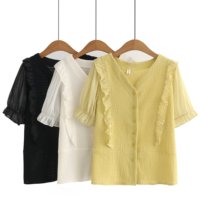 Plus Size Frill Buttons V Neck Blouse