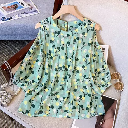 Plus Size Green Floral Pleat Chiffon Cold Shoulder 3/4 Sleeve Blouse